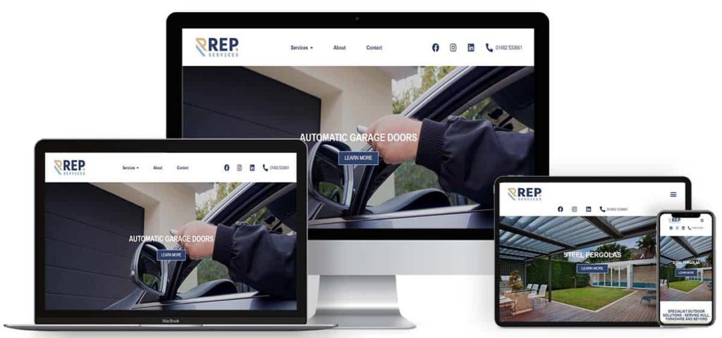 website mockup showing REP Services site on different devices